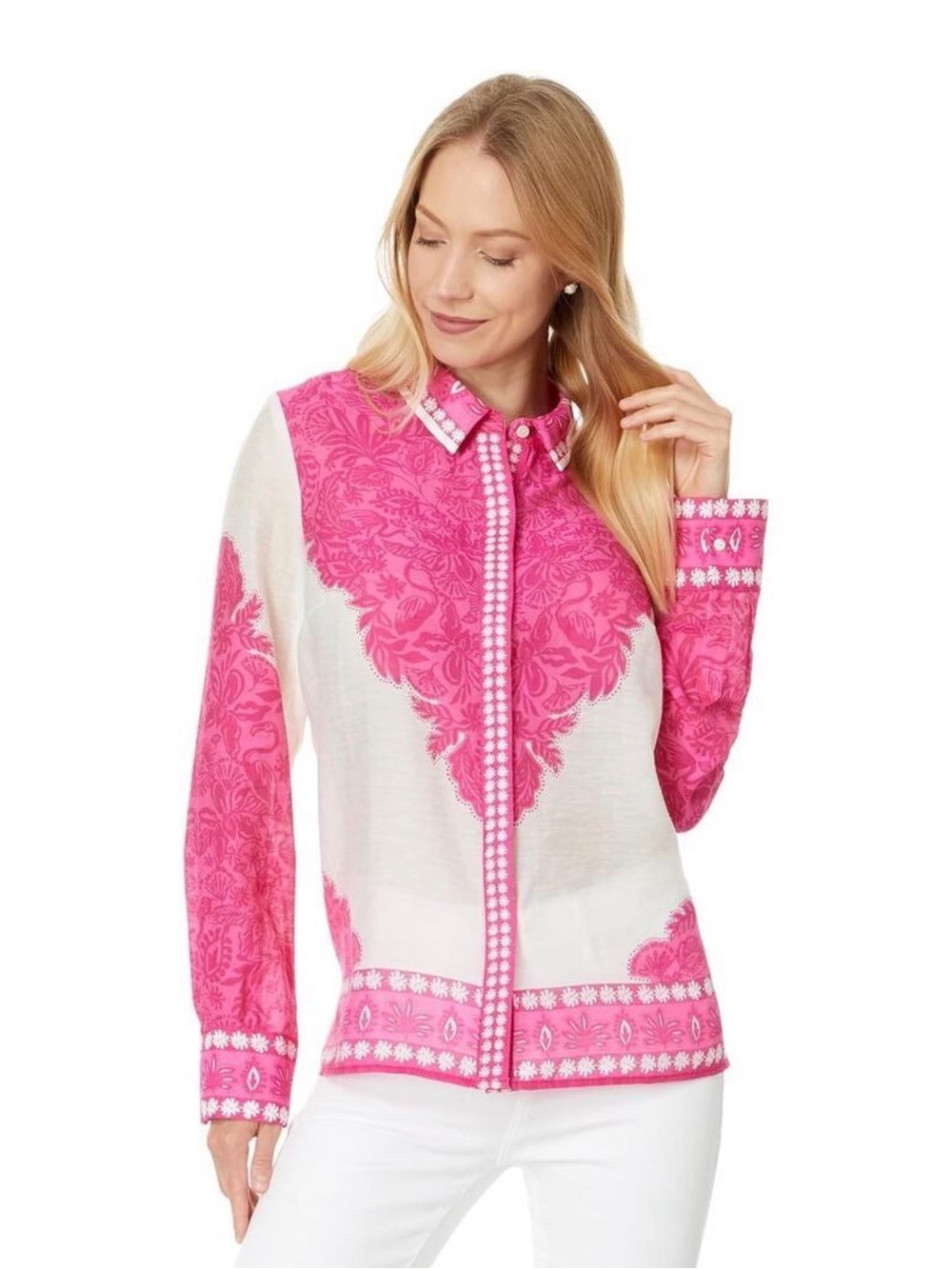 Lilly Pulitzer Kiran Button Down Shirt in Passion Fruit Pink Jungle Escape